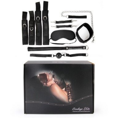 Черный текстильный набор БДСМ: наручники, оковы, ошейник с поводком, кляп, маска, плеть фото 2