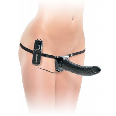 Черный страпон с вагинальной пробкой Deluxe Vibrating Penetrix Strap-On - 19 см., фото