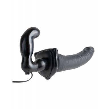 Черный страпон с вагинальной пробкой Deluxe Vibrating Penetrix Strap-On - 19 см. фото 2