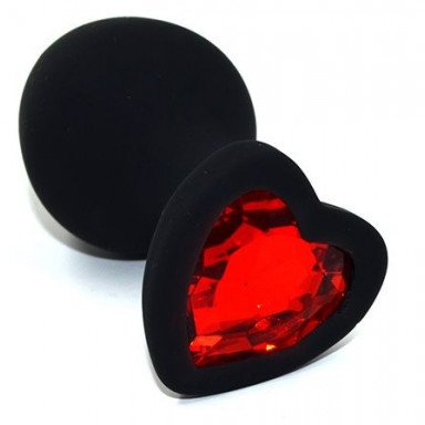 Черная анальная силиконовая пробка с красным кристаллом в форме сердца - 8,8 см., фото