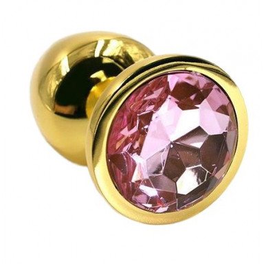 Золотистая алюминиевая анальная пробка с светло-розовым кристаллом - 6 см. фото 2