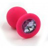 Розовая силиконовая анальная пробка с светло-фиолетовым кристаллом - 7 см., фото
