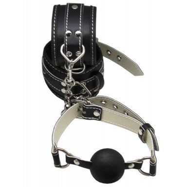 Пикантный БДСМ-набор на мягкой подкладке: наручники, поножи, ошейник с поводком, кляп фото 5