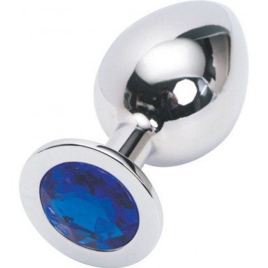 Серебряная металлическая анальная пробка среднего размера с синим стразиком - 8,2 см., фото