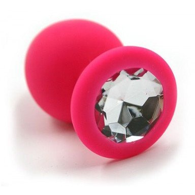 Розовая силиконовая анальная пробка с прозрачным кристаллом - 7 см., фото