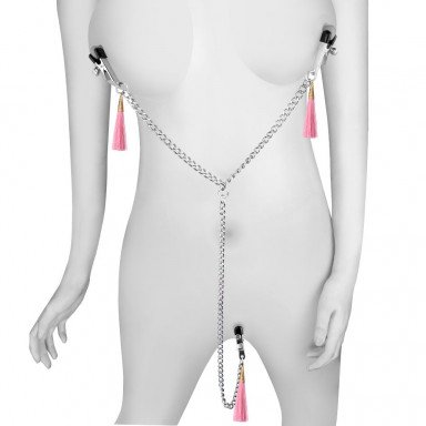 Зажимы на соски и половые губы с розовыми кисточками Nipple Clit Tassel Clamp With Chain фото 5
