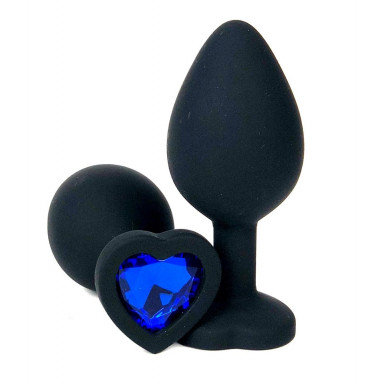 Черная силиконовая пробка с синим кристаллом-сердцем - 10,5 см., фото