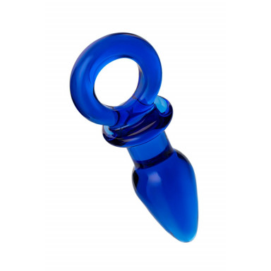 Синяя анальная пробка из стекла с ручкой-кольцом - 14 см. фото 2