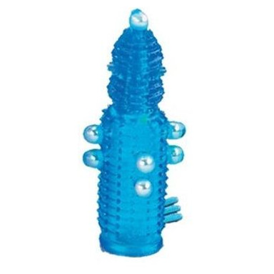 Голубая эластичная насадка на пенис с жемчужинами, точками и шипами Pearl Stimulator - 11,5 см., фото