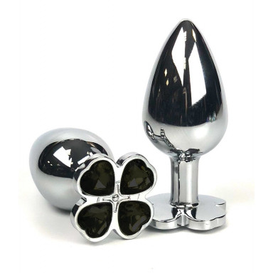 Серебристая анальная втулка с клевером из черных кристаллов - 9 см., фото