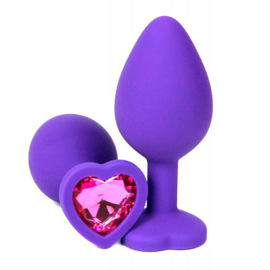 Фиолетовая силиконовая анальная пробка с розовым стразом-сердцем - 8,5 см., фото