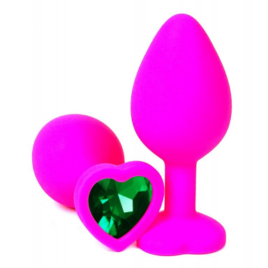 Розовая силиконовая пробка с зеленым кристаллом-сердцем - 8,5 см., фото