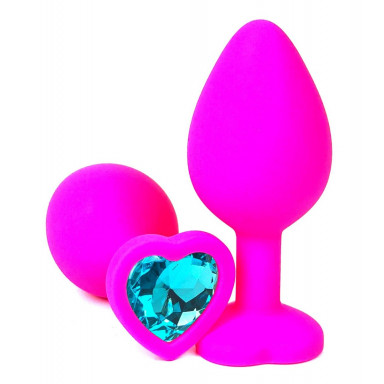 Розовая силиконовая пробка с голубым кристаллом-сердцем - 10,5 см., фото