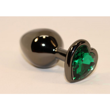 Черная коническая анальная пробка с зеленым кристаллом-сердечком - 8 см., фото