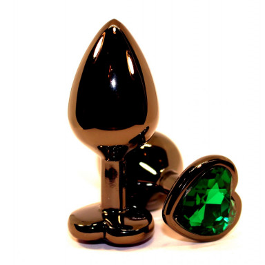 Черная коническая анальная пробка с зеленым кристаллом-сердечком - 8 см. фото 2