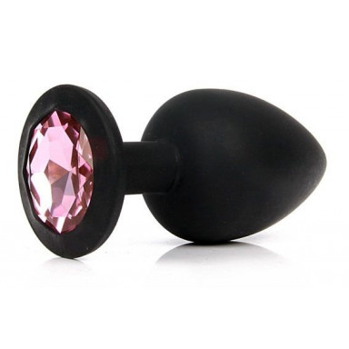 Чёрная силиконовая пробка с розовым кристаллом размера L - 9,2 см.