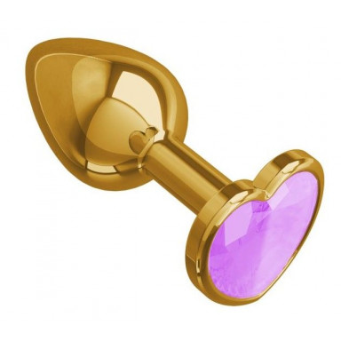 Золотистая анальная пробка с сиреневым кристаллом-сердцем - 7 см., фото