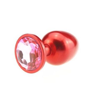 Красная анальная пробка с розовым стразом - 8,2 см.