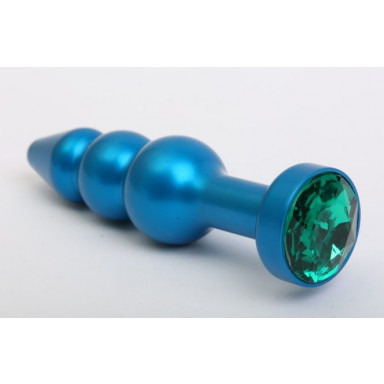 Синяя фигурная анальная пробка с зелёным кристаллом - 11,2 см., фото