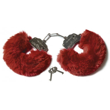 Шикарные бордовые меховые наручники с ключиками, фото