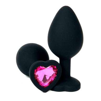 Черная силиконовая пробка с розовым кристаллом-сердцем - 10,5 см., фото