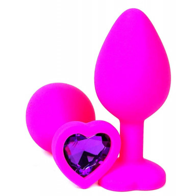 Розовая силиконовая пробка с фиолетовым кристаллом-сердцем - 10,5 см., фото