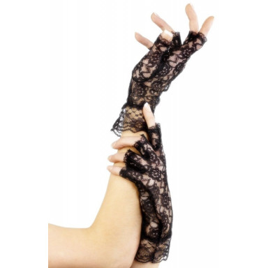 Короткие кружевные перчатки с открытыми пальчиками, S-M-L, черный, фото