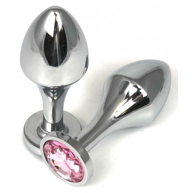 Серебристая анальная пробка на удлиненной ножке с нежно-розовым кристаллом - 9 см., фото