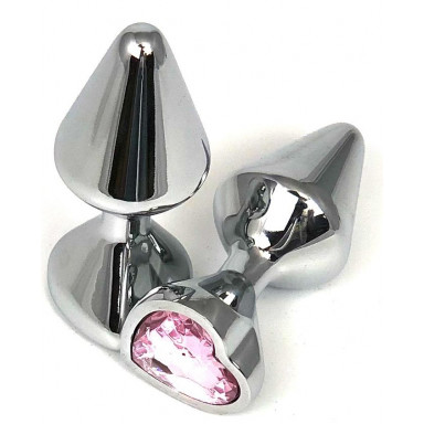 Серебристая анальная пробка с нежно-розовым кристаллом-сердцем - 8 см., фото