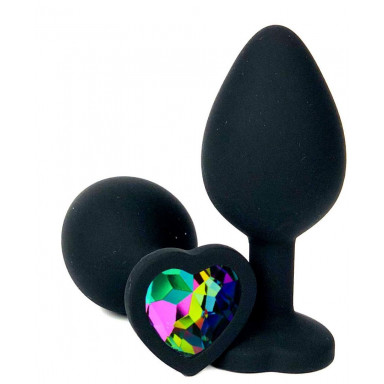 Черная силиконовая пробка с разноцветным кристаллом-сердечком - 8 см., фото