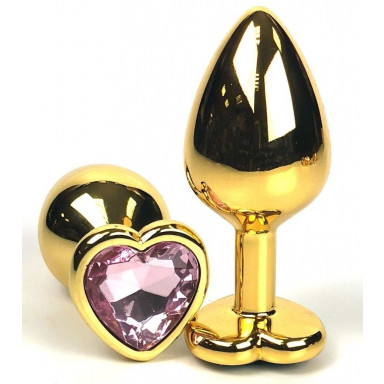 Золотистая анальная пробка с нежно-розовым кристаллом-сердцем - 8 см., фото