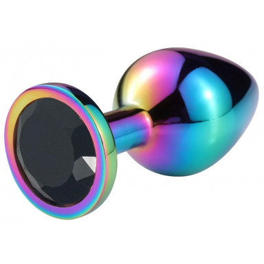 Разноцветная гладкая анальная пробка с черным кристаллом - 8 см., фото