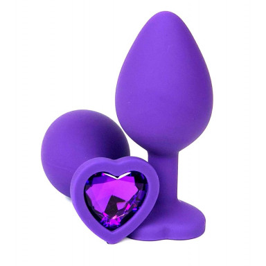 Фиолетовая силиконовая анальная пробка с фиолетовым стразом-сердцем - 8,5 см., фото
