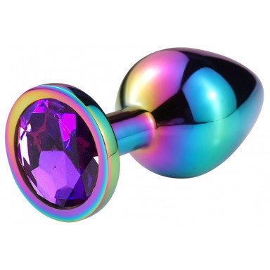 Разноцветная гладкая анальная пробка с фиолетовым кристаллом - 9,5 см.