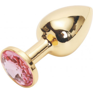 Золотистая анальная пробка с розовым кристаллом размера M - 8 см., фото