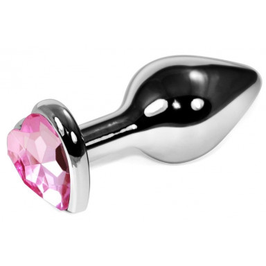 Серебристая анальная пробка со светло-розовым кристаллом-сердцем - 8 см., фото