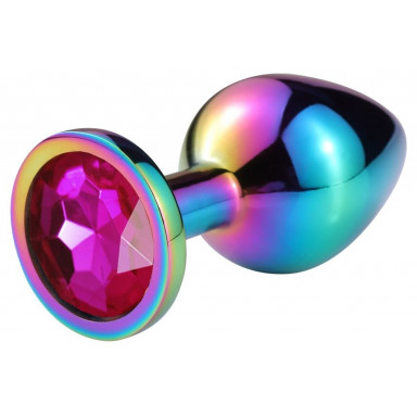 Разноцветная гладкая анальная пробка с розовым кристаллом - 9,5 см., фото