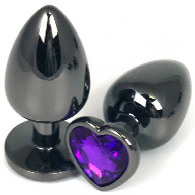 Черная металлическая анальная пробка с фиолетовым стразом-сердечком - 6,5 см., фото