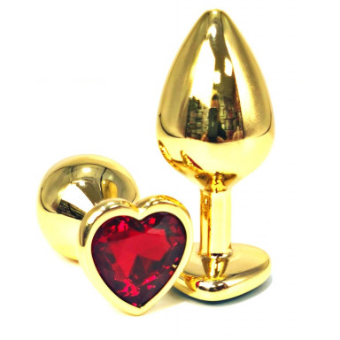 Золотистая анальная пробка с красным кристаллом-сердцем - 7 см., фото