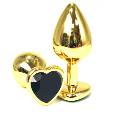 Золотистая анальная пробка с черным кристаллом-сердцем - 6 см., фото