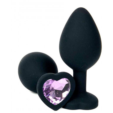 Черная силиконовая пробка с сиреневым кристаллом-сердечком - 8 см., фото