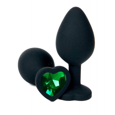 Черная силиконовая пробка с зеленым кристаллом-сердцем - 8,5 см., фото