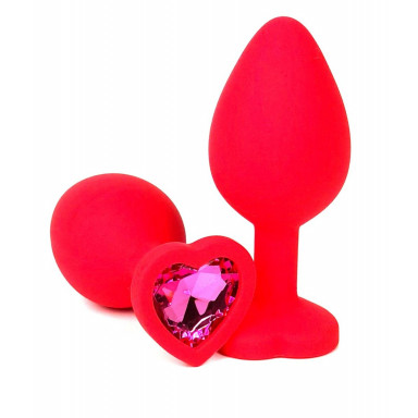 Красная силиконовая анальная пробка с розовым стразом-сердцем - 10,5 см., фото