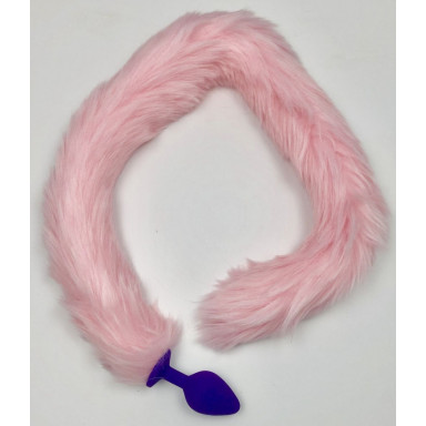 Фиолетовая силиконовая анальная пробка с розовым хвостиком - размер S, фото
