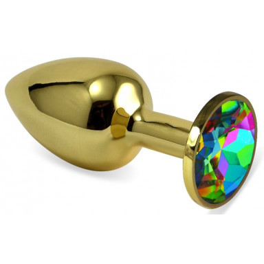 Золотистая анальная пробка с разноцветным кристаллом - 8 см., фото