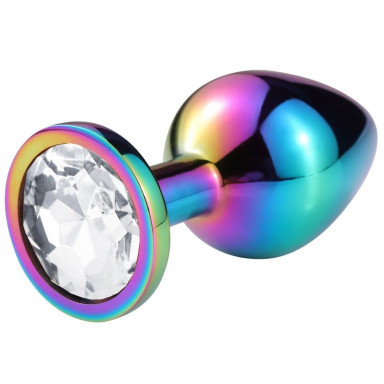 Разноцветная гладкая анальная пробка с прозрачным кристаллом - 6,8 см., фото