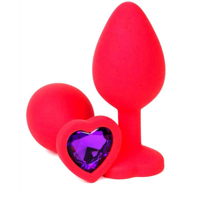 Красная силиконовая анальная пробка с фиолетовым стразом-сердцем - 8,5 см., фото