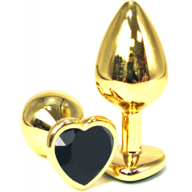 Золотистая анальная пробка с черным кристаллом-сердцем - 7 см., фото