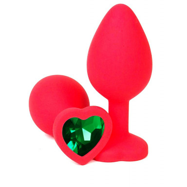 Красная силиконовая анальная пробка с зеленым стразом-сердцем - 8,5 см., фото