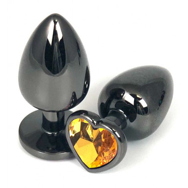 Черная металлическая анальная пробка с оранжевым стразом-сердечком - 6,5 см., фото
